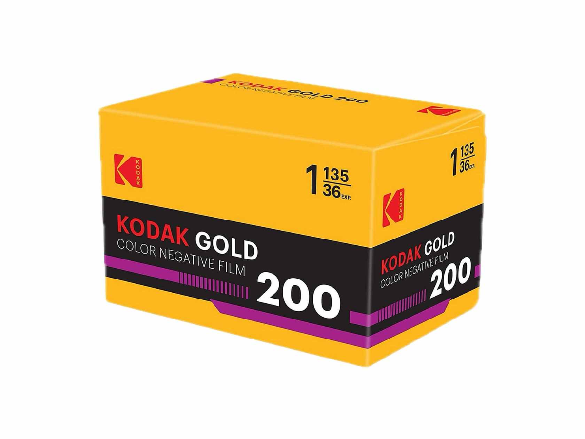 A box of Kodak Gold 200 color negative film, featuring a bright yellow and black design with purple accents, on a plain white background.