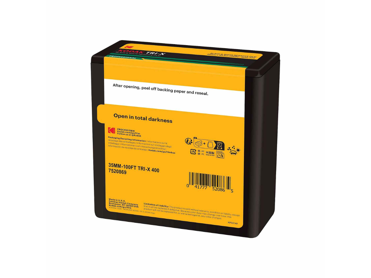 A box of Kodak Tri-X 400 Bulk 30.5m Roll black and white negative film, shown at a three-quarter angle on a plain white background.