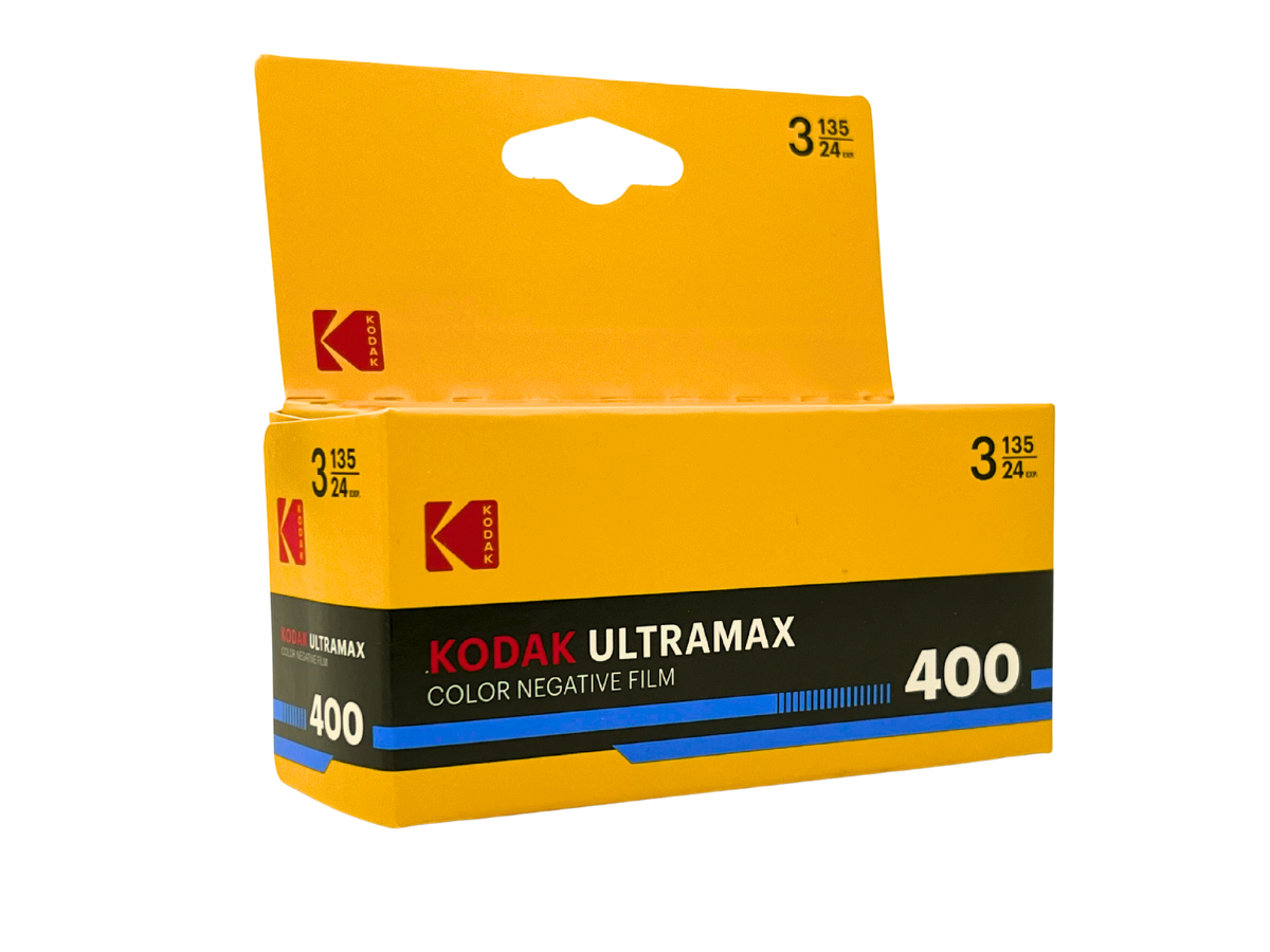 Kodak UltraMax 400 color negative film roll in its original yellow and black retail packaging, featuring the Kodak logo and a hang tab.