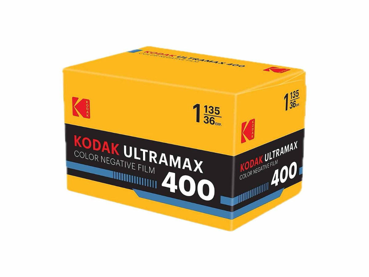 A box of Kodak Ultramax 400 color negative film, featuring the iconic yellow packaging with black and red branding, shown on a plain white background.