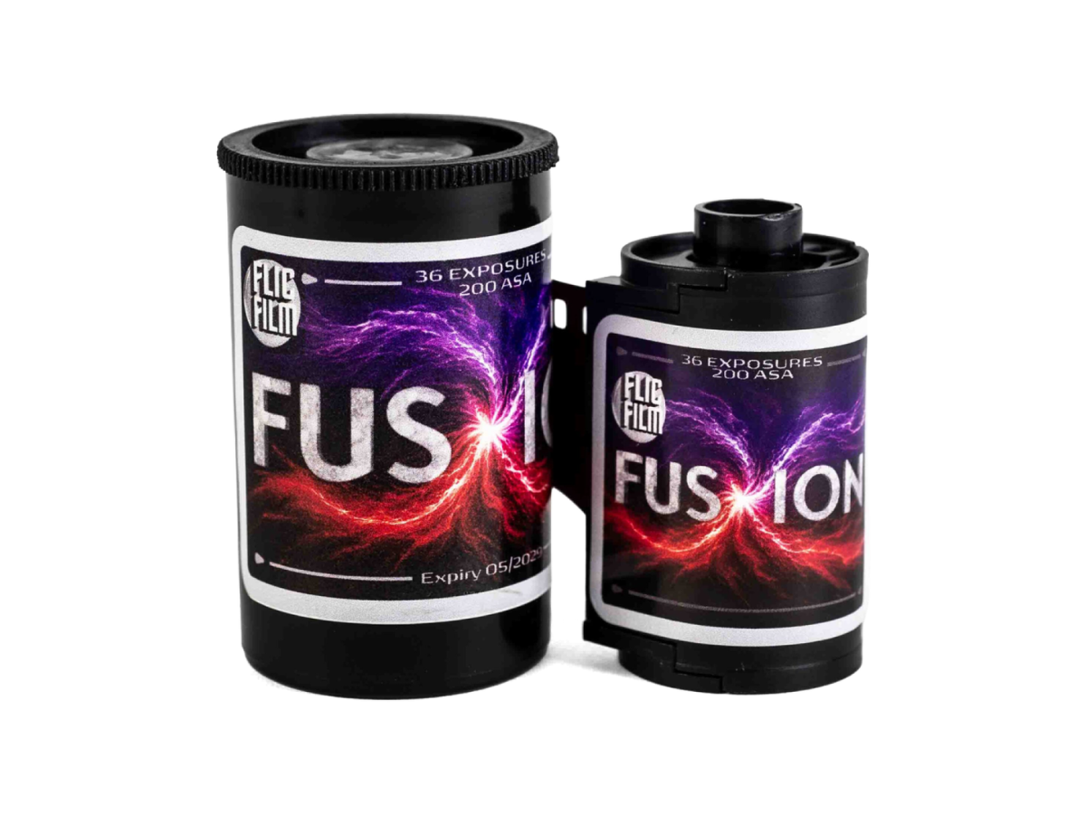 Two black film canisters of Flic Film 'Fusion' 200 ASA film, showing a single film roll partially unspooled, on a white background.