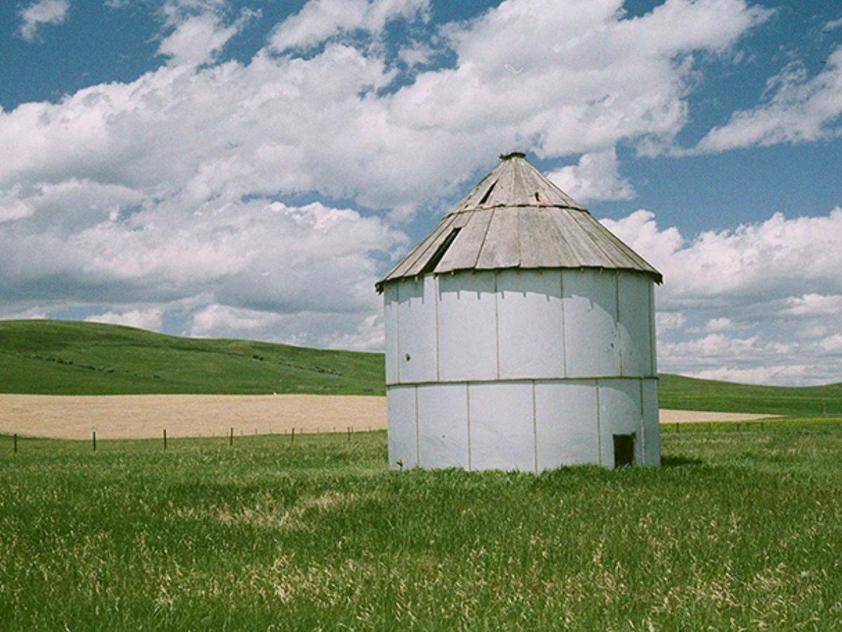 A white cylindrical metal grain silo with a conical gray roof stands in a grassy field under a blue sky with large white clouds.