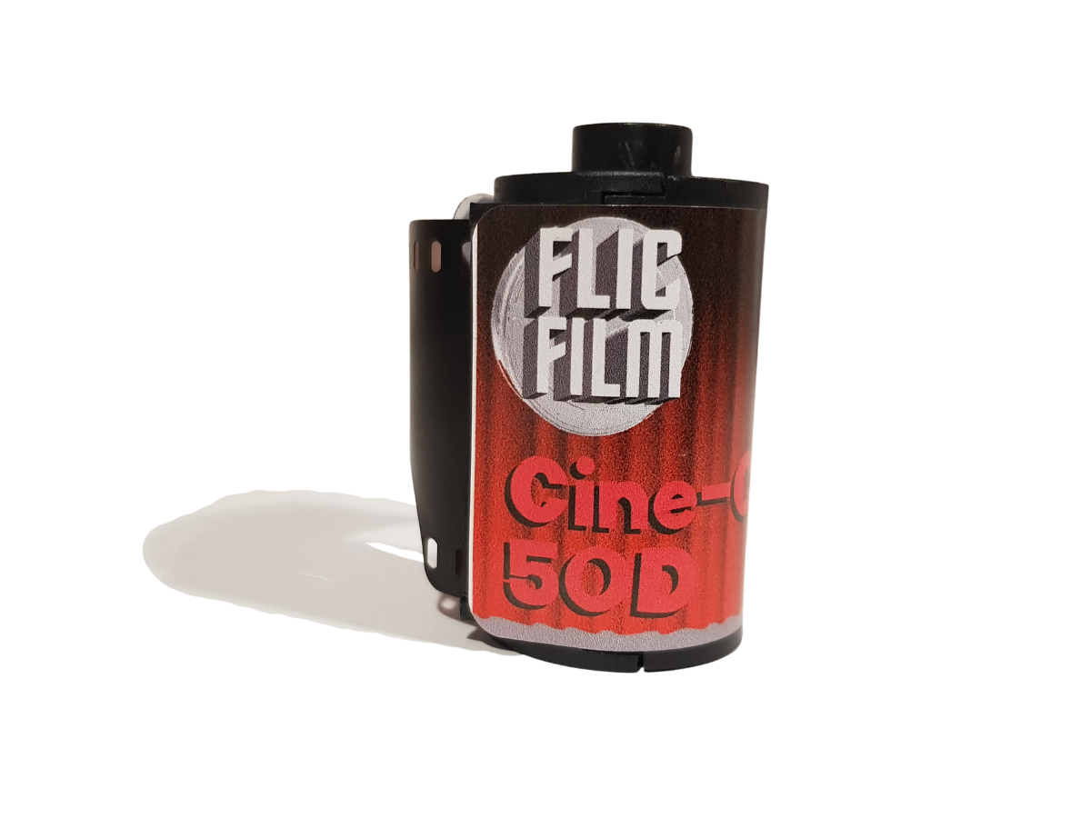 Flic Film Cine Color Vision3 50D - 35mm Film canister with 'FLIC FILM' branding on a white background