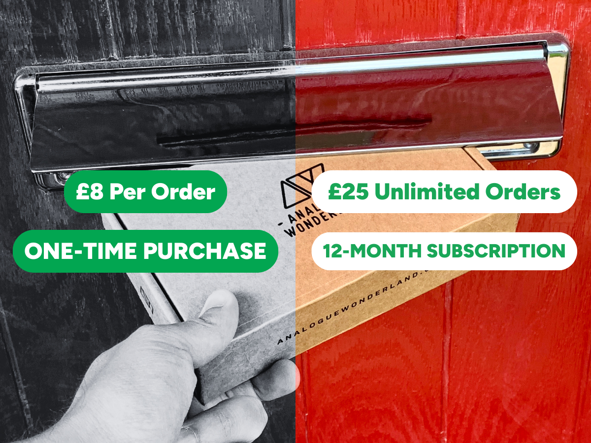 Product packaging with a hand holding it, showing pricing options for orders and subscriptions.