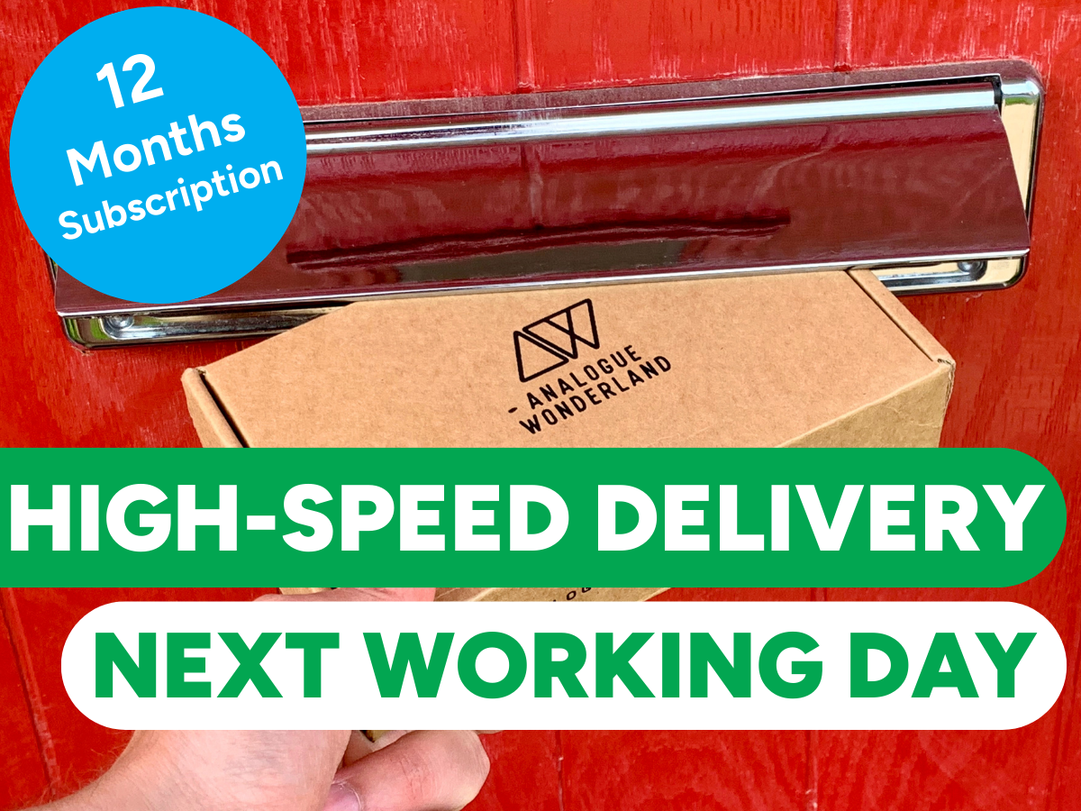 Cardboard box with Analogue Wonderland logo on a red door, promotional text for high-speed delivery.