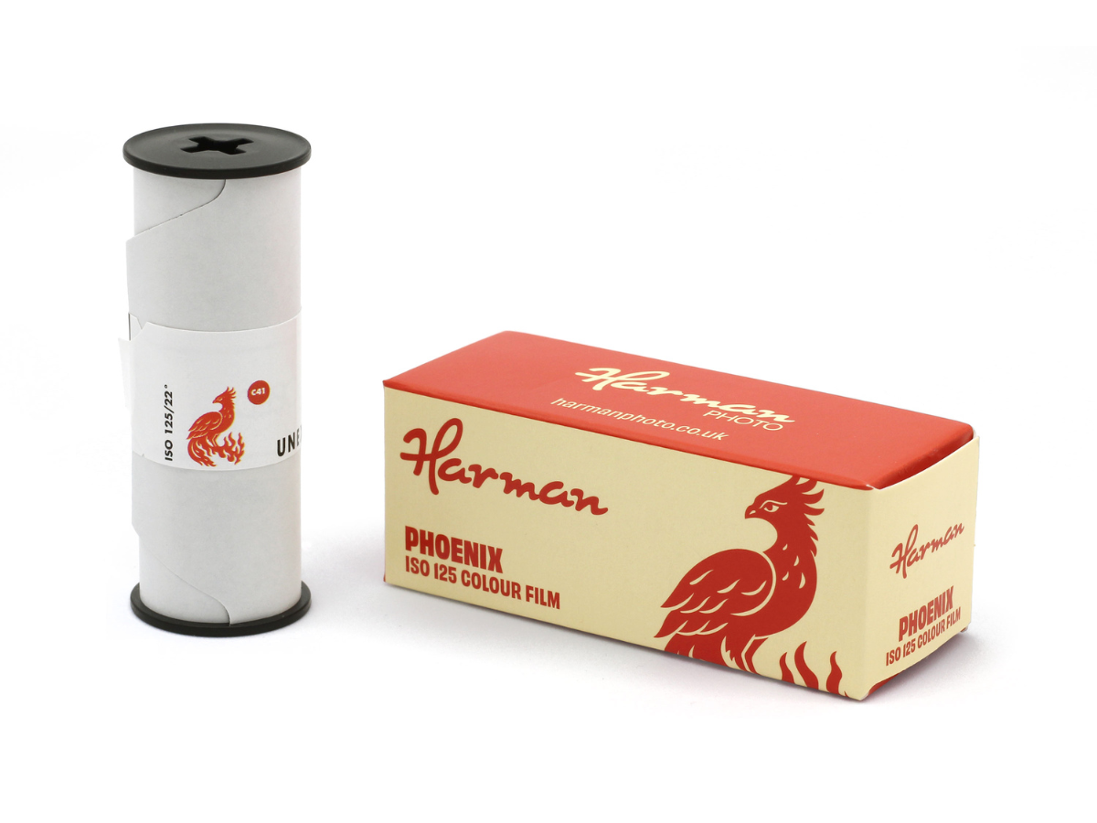 Harman Phoenix ISO 125 Colour Film 120 Medium Format roll and box on white background