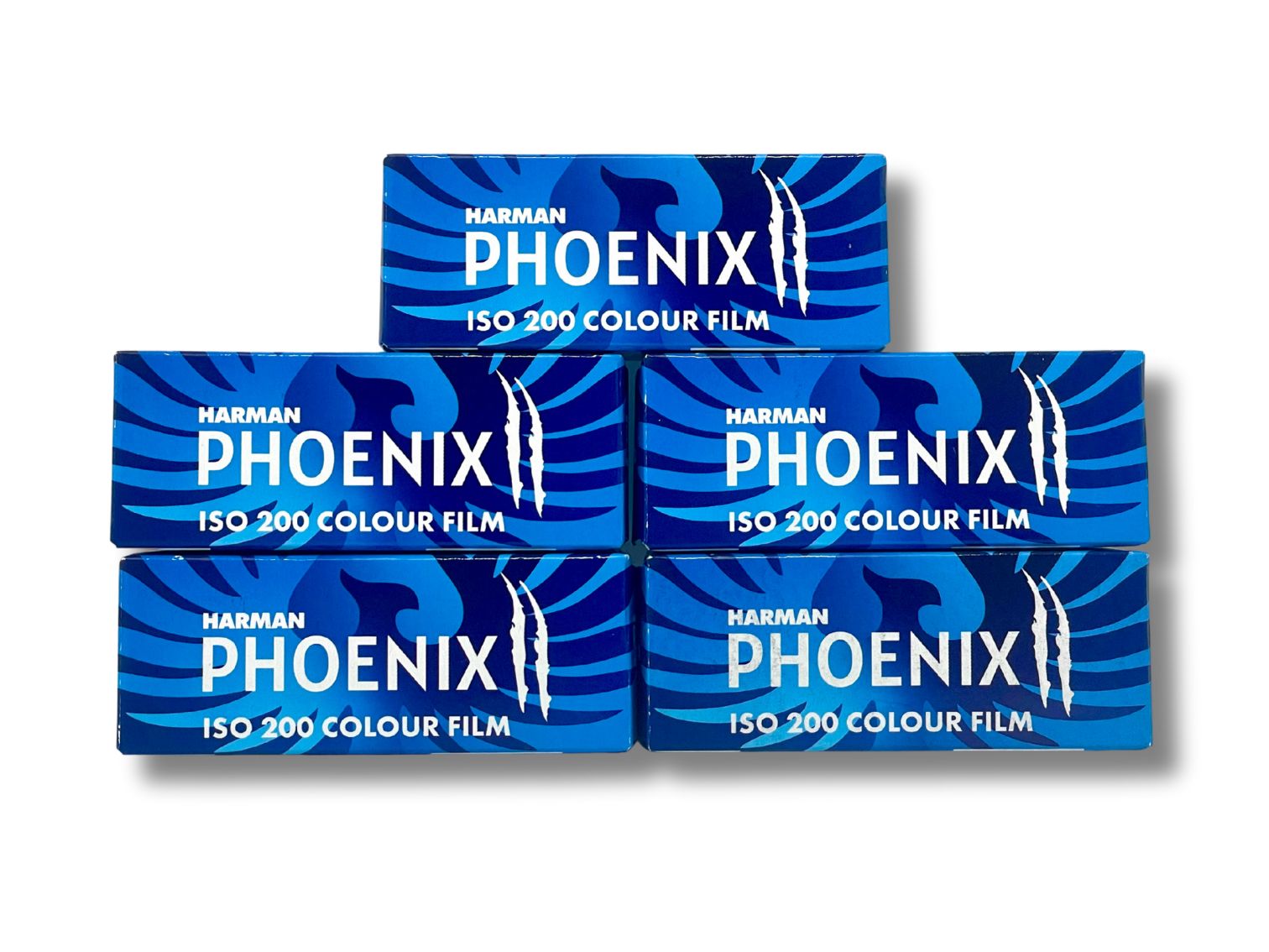 Five boxes of Harman Phoenix ISO 200 colour film on a white background
