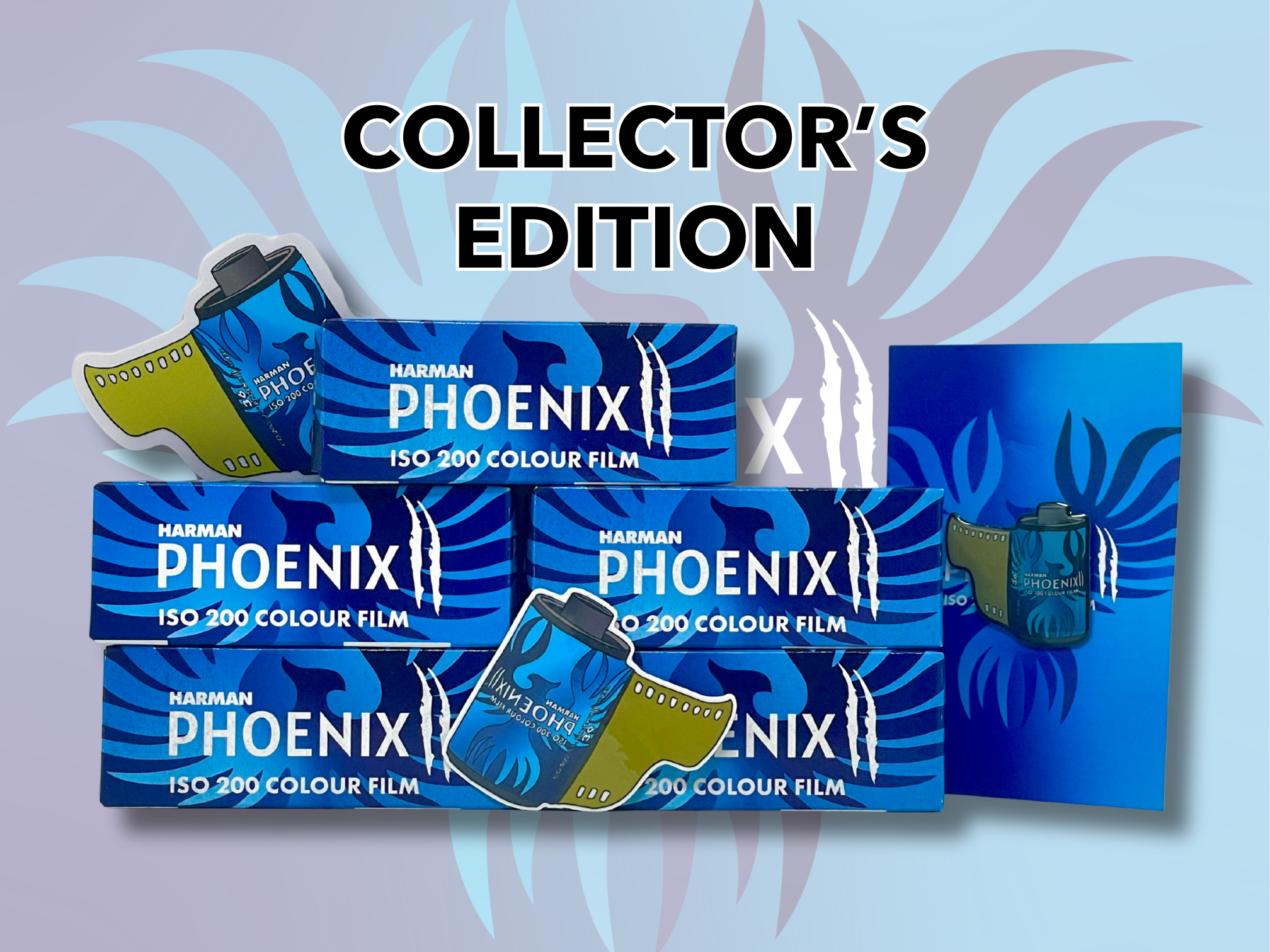 Harman Phoenix ISO 200 color film boxes with 'Collector's Edition' text on a blue and gray background.