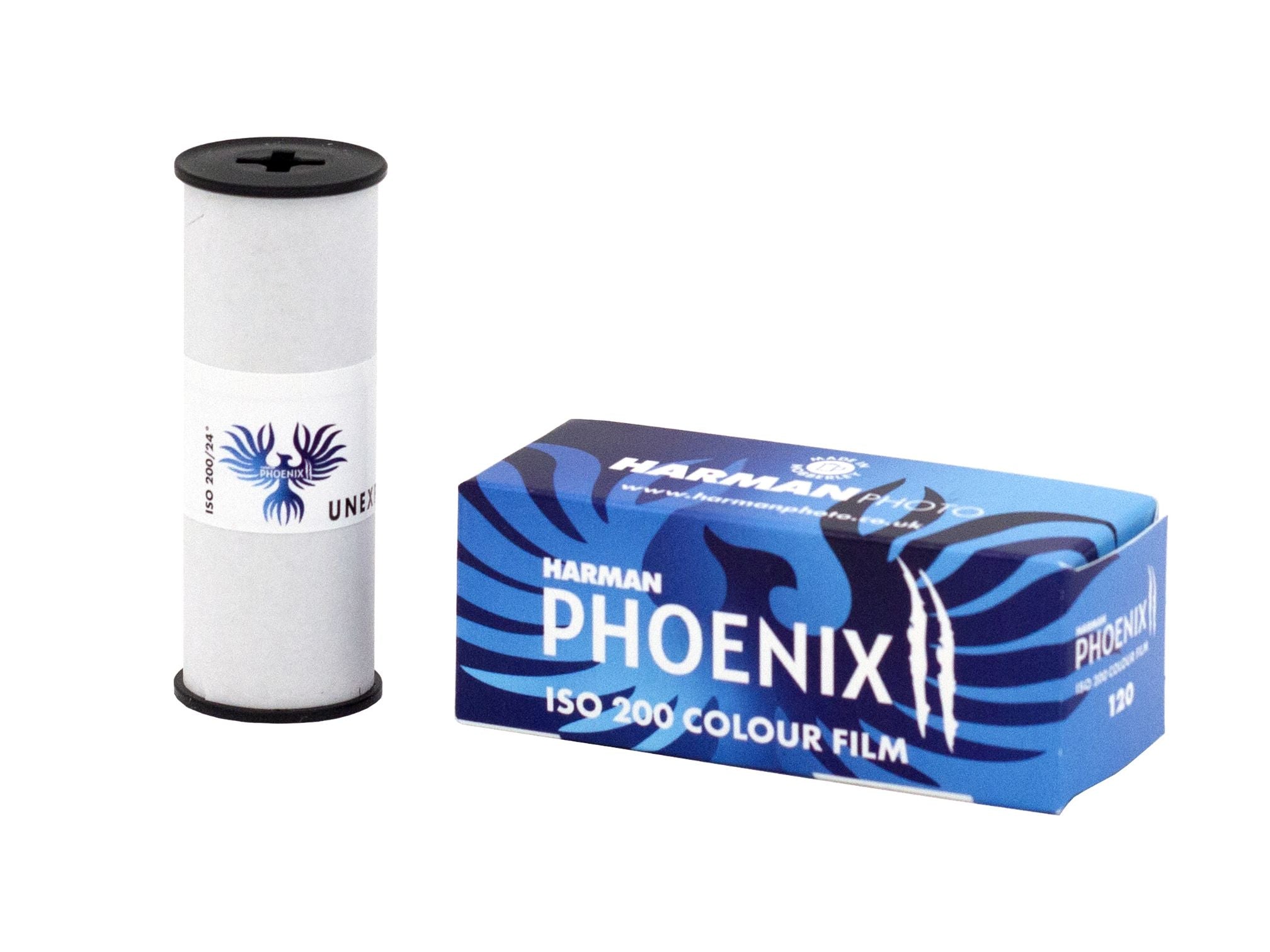 Harmar Phoenix ISO 200 color film canister and packaging on a white background