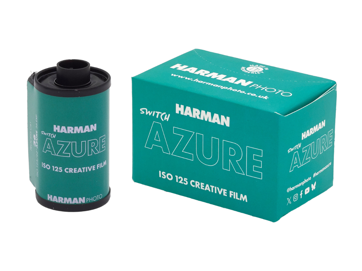 Harman Azure film canister and packaging on a white background