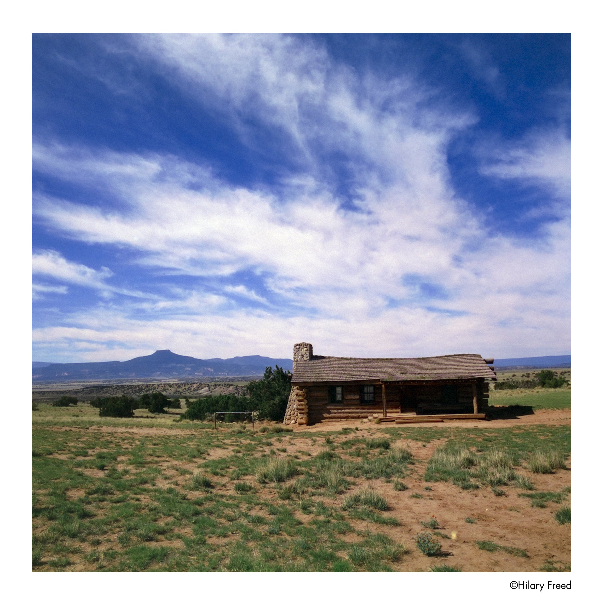 Log cabin in a grassy field with a blue sky and mountains in the background - shot on Harman Phoenix II 120 film