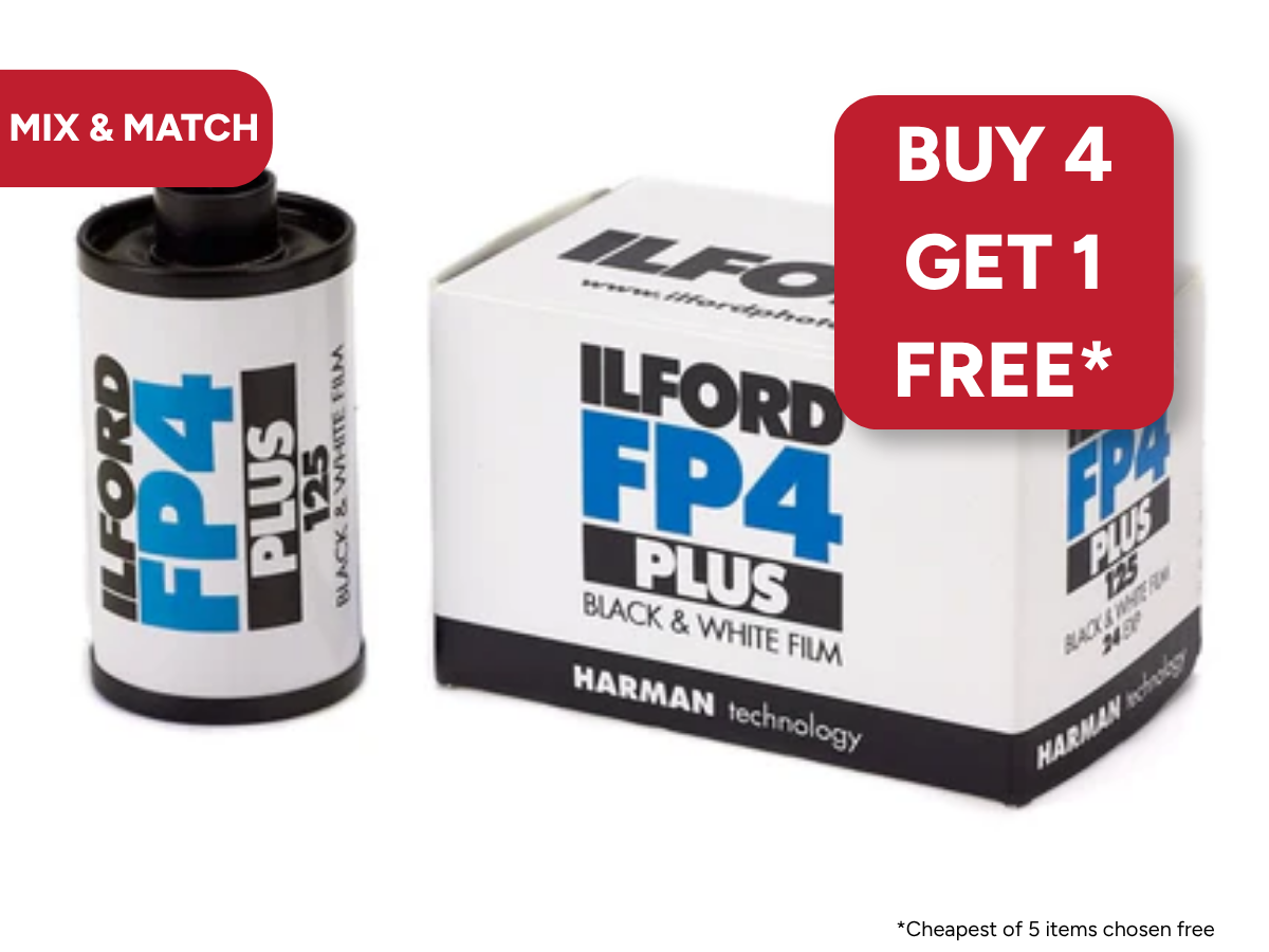 Ilford FP4 Plus black and white film canister and box with promotional text on a white background