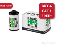 Ilford HP5 Plus black and white film canister and box with promotional text on a white background