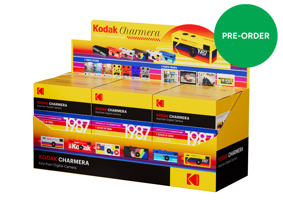 Kodak Charmera display box with pre-order label on a white background