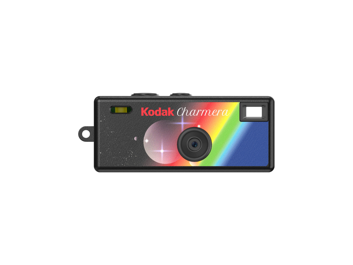 Black Kodak Charmera camera with colorful pattern on a white background