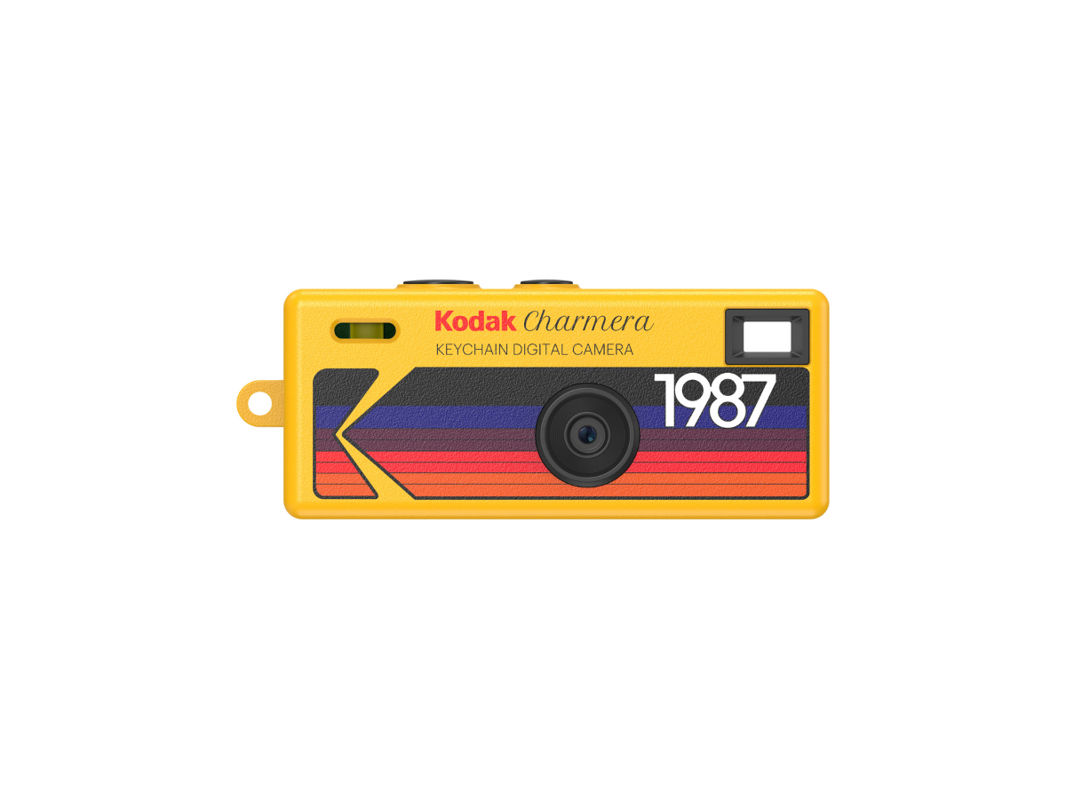 Yellow Kodak Charmera digital camera with a retro design on a white background