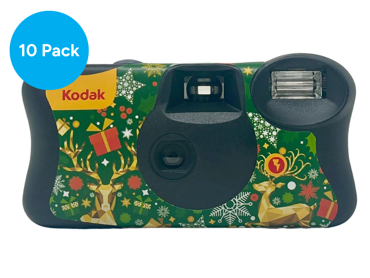 Kodak instant camera with Christmas design on a white background, roundel says "10 Pack"