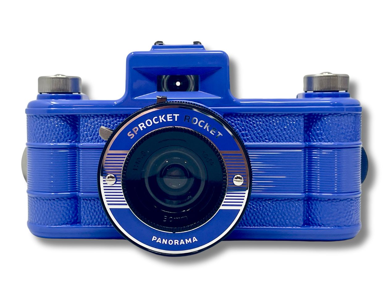 Lomography Sprocket Rocket Black - 35mm Film Camera - Blue Front View