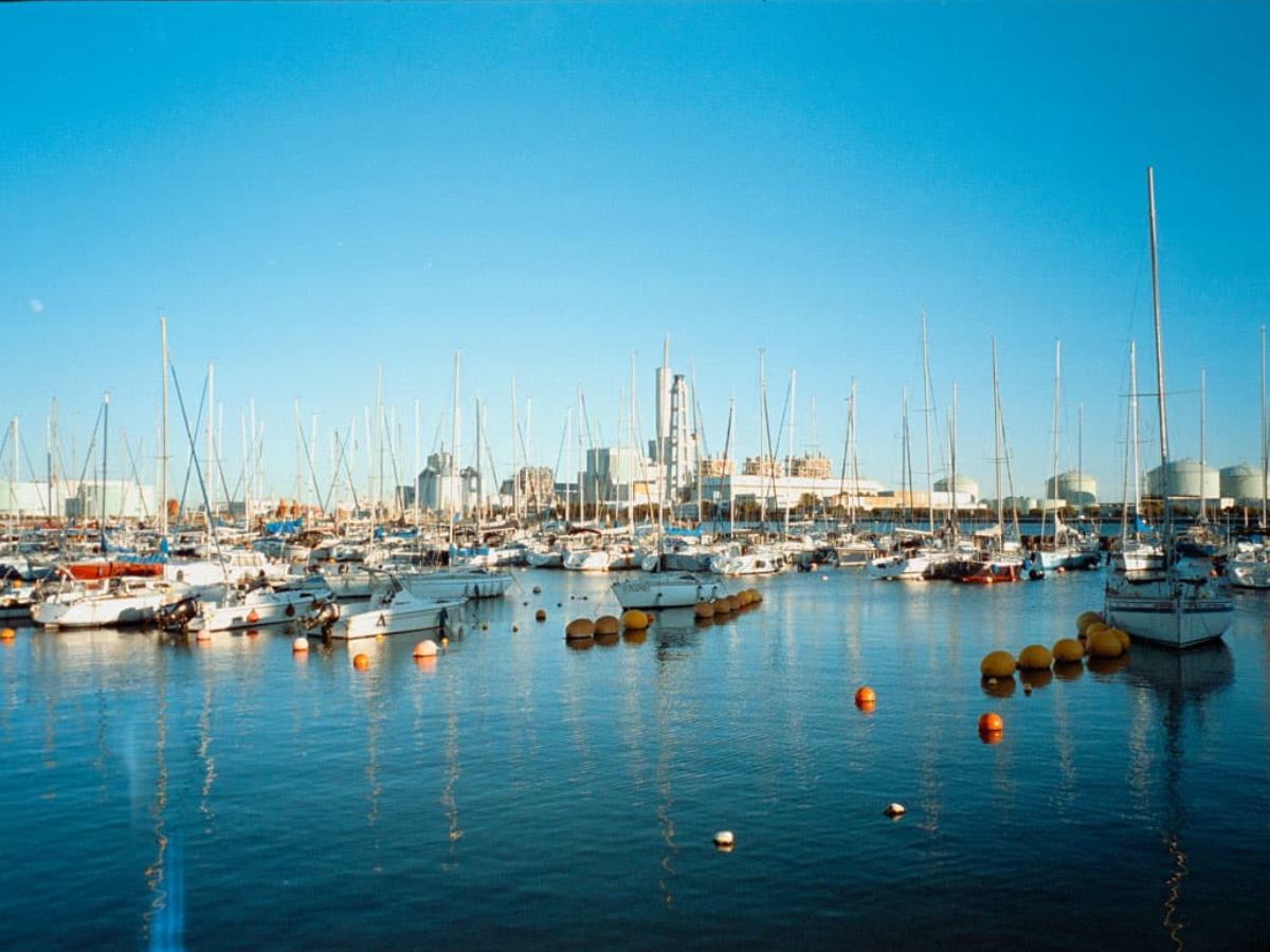 Marina with numerous boats docked under a clear blue sky. (c) Sample Photos by @notmegapixels