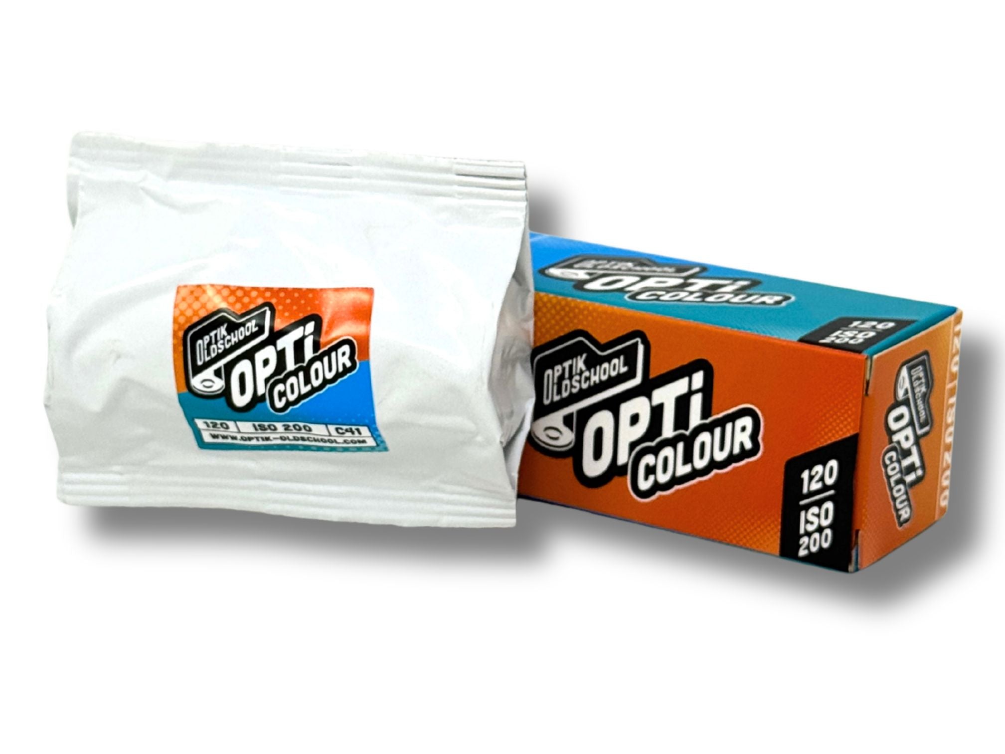 Opti Colour 200 120 photographic film packaging with a single roll of film on a white background.