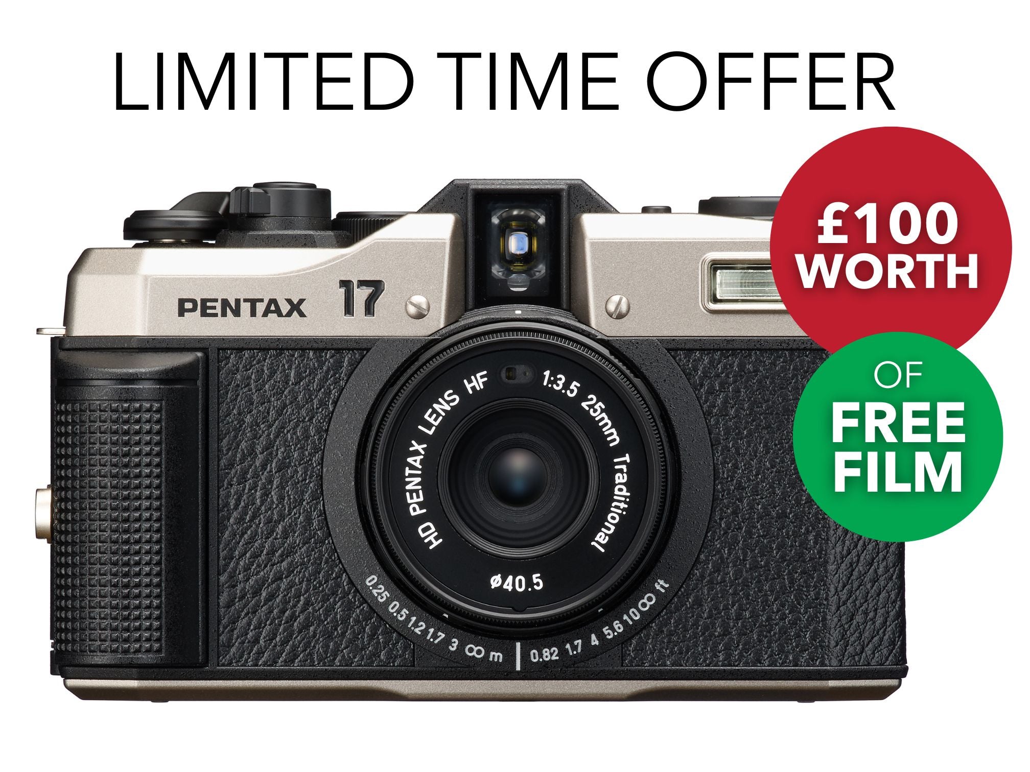 Pentax camera with a limited time offer for free film on a white background
