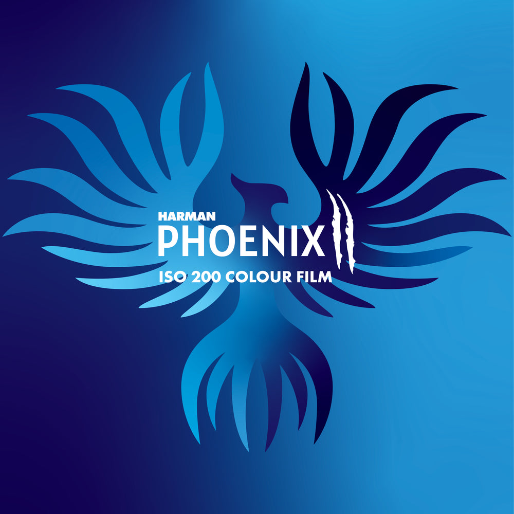 Harmann Phoenix ISO 200 color film logo on a blue background