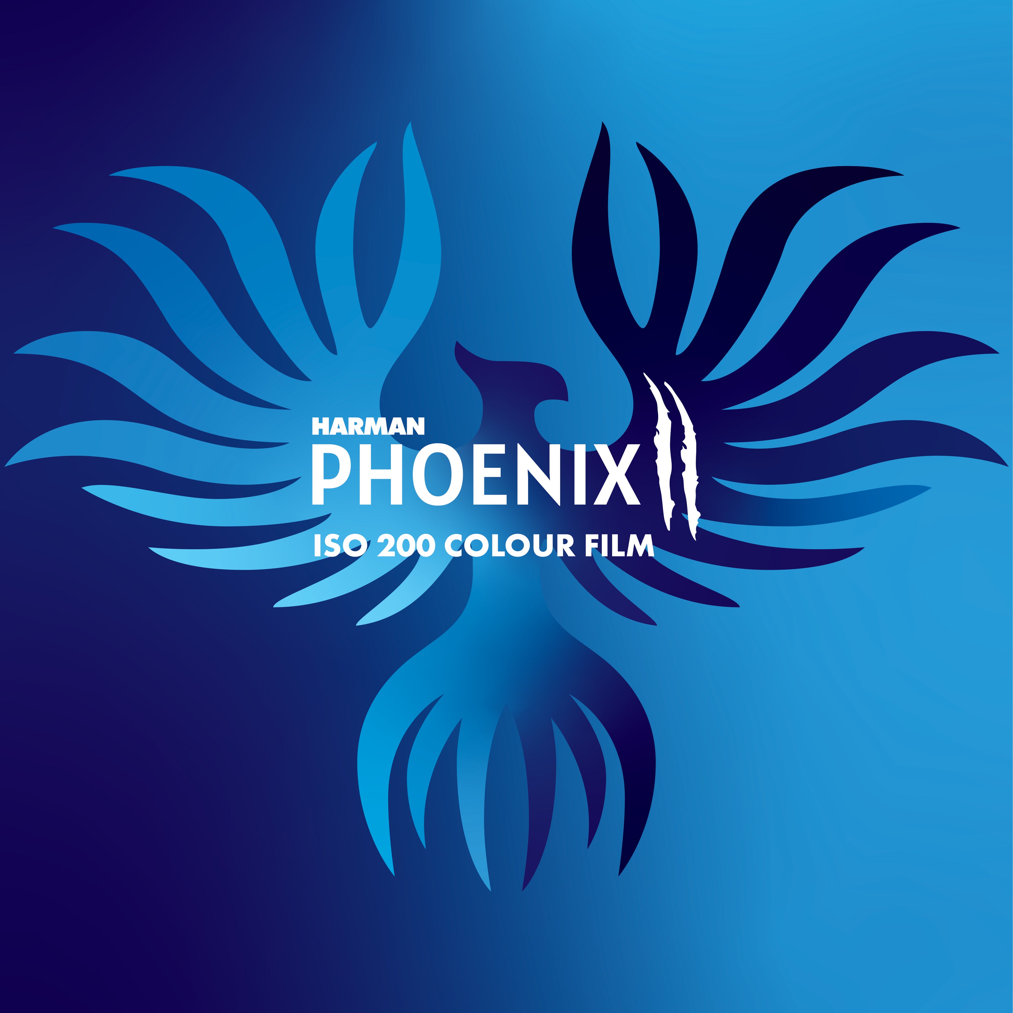 Harmann Phoenix ISO 200 color film logo on a blue background