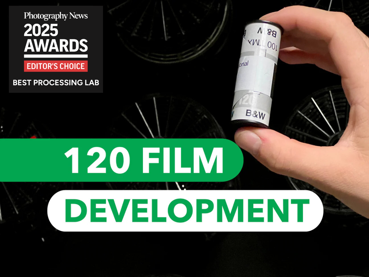 Hand holding a 120 film canister with text about 120 film development and an award logo.