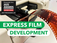 Film development process with a roll of film and text about express film development and awards.