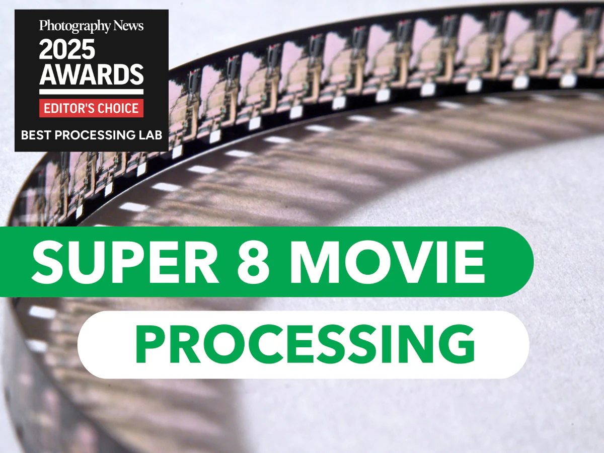 Super 8 movie processing service with film reel and 'Photography News 2025 Awards' badge.