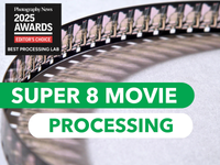 Super 8 movie processing service with film reel and 'Photography News 2025 Awards' badge.