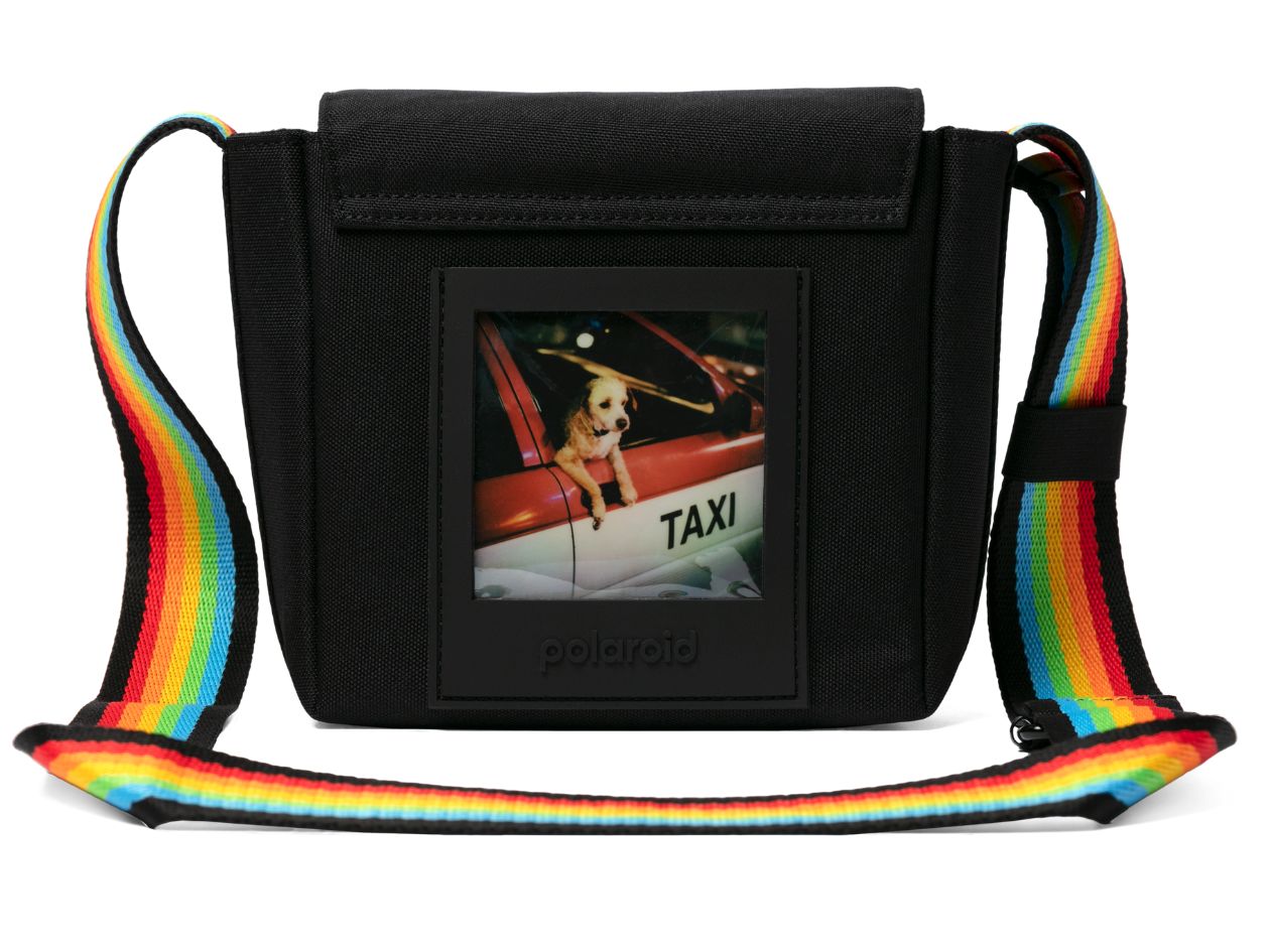 Black crossbody bag with rainbow strap featuring a dog in a taxi photo.