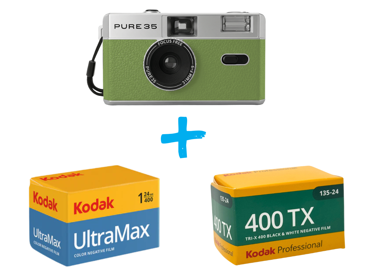 Green PURE 35 film camera with two Kodak film boxes on a white background