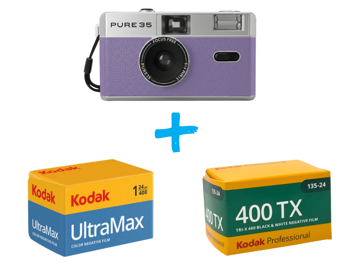 Purple PURE 35 film camera with two Kodak film boxes on a white background