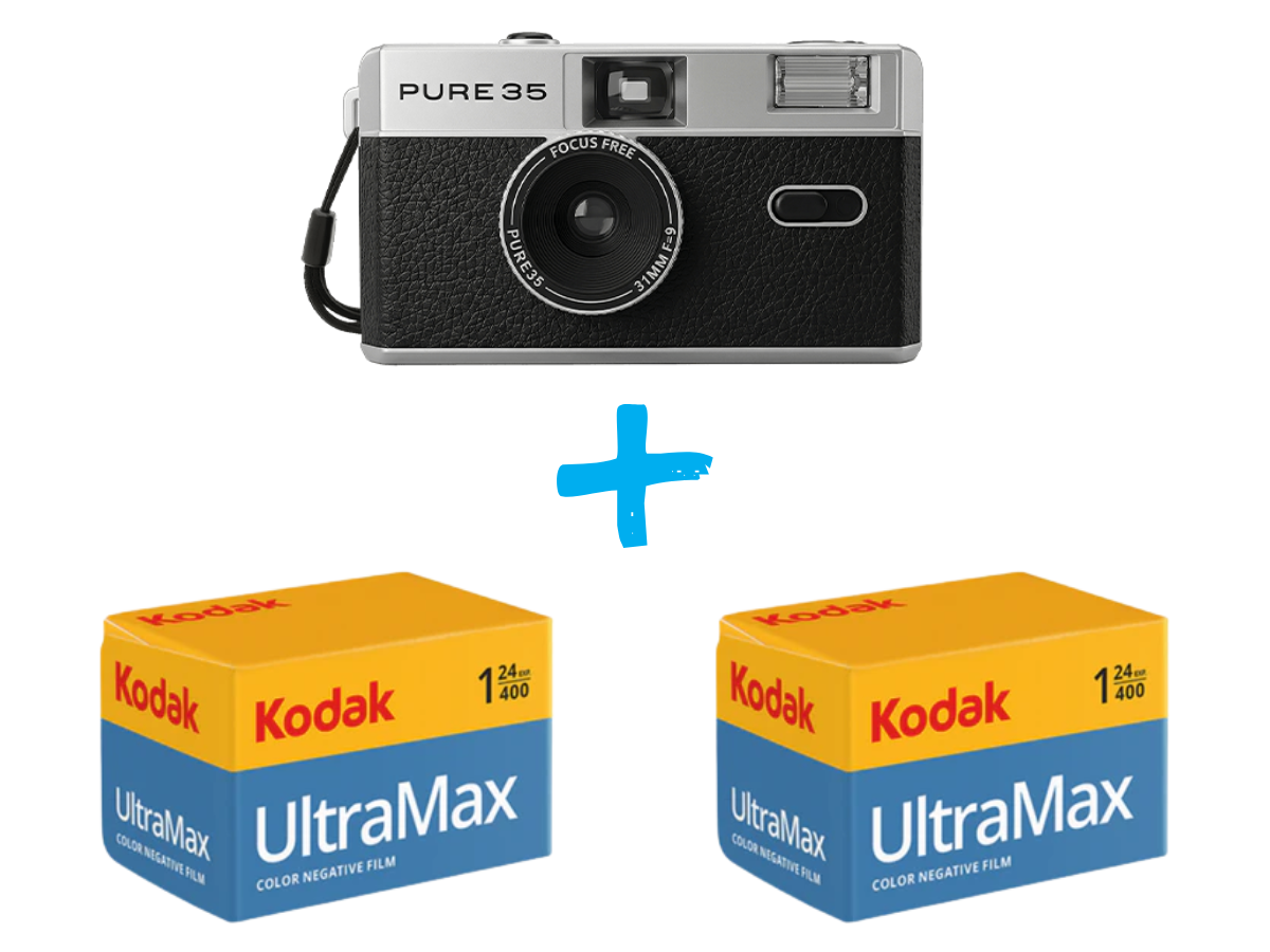 Black PURE 35 film camera with two boxes of Kodak UltraMax film on a white background