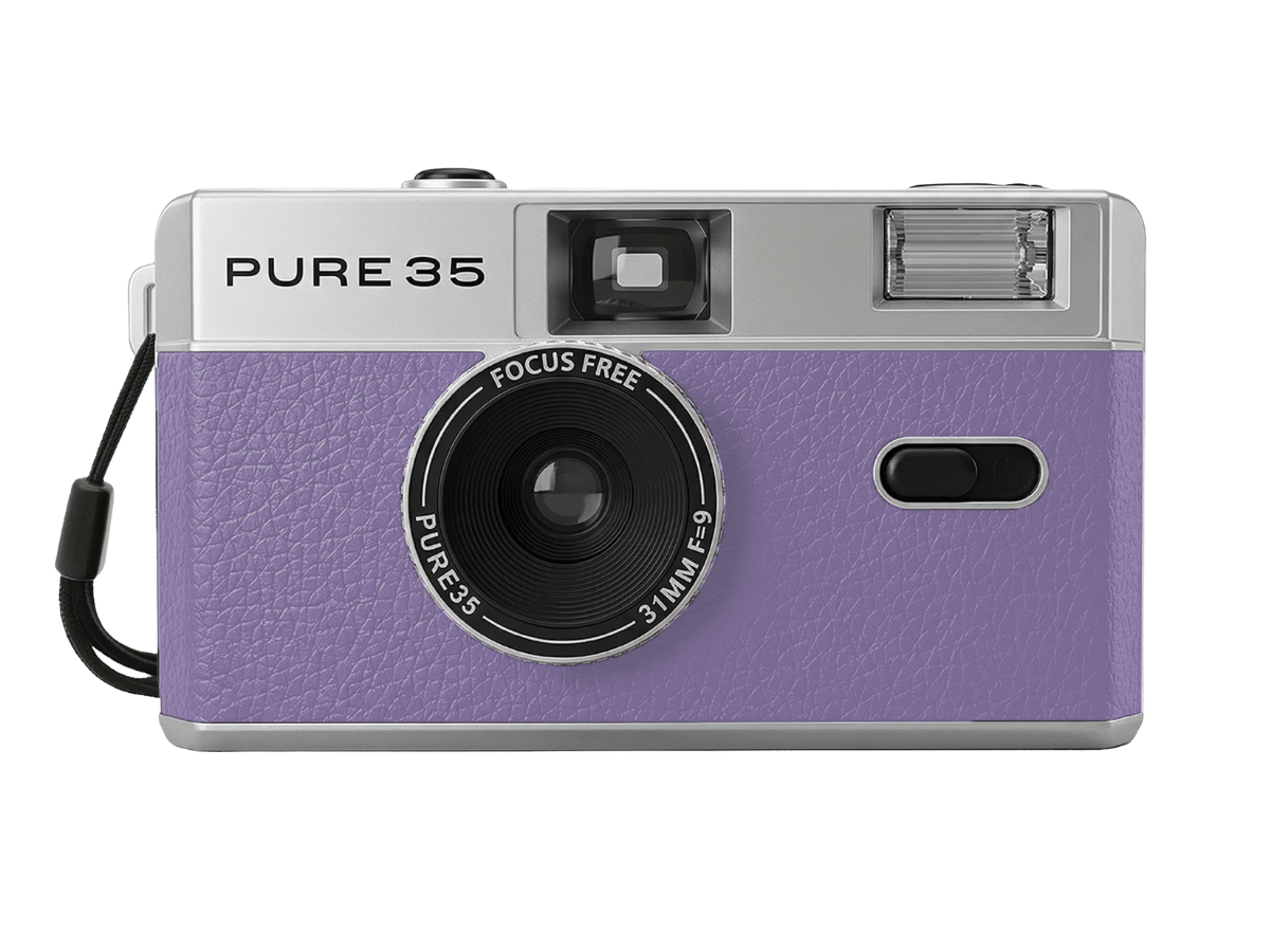 Purple and silver camera with 'PURE 35' branding on a white background