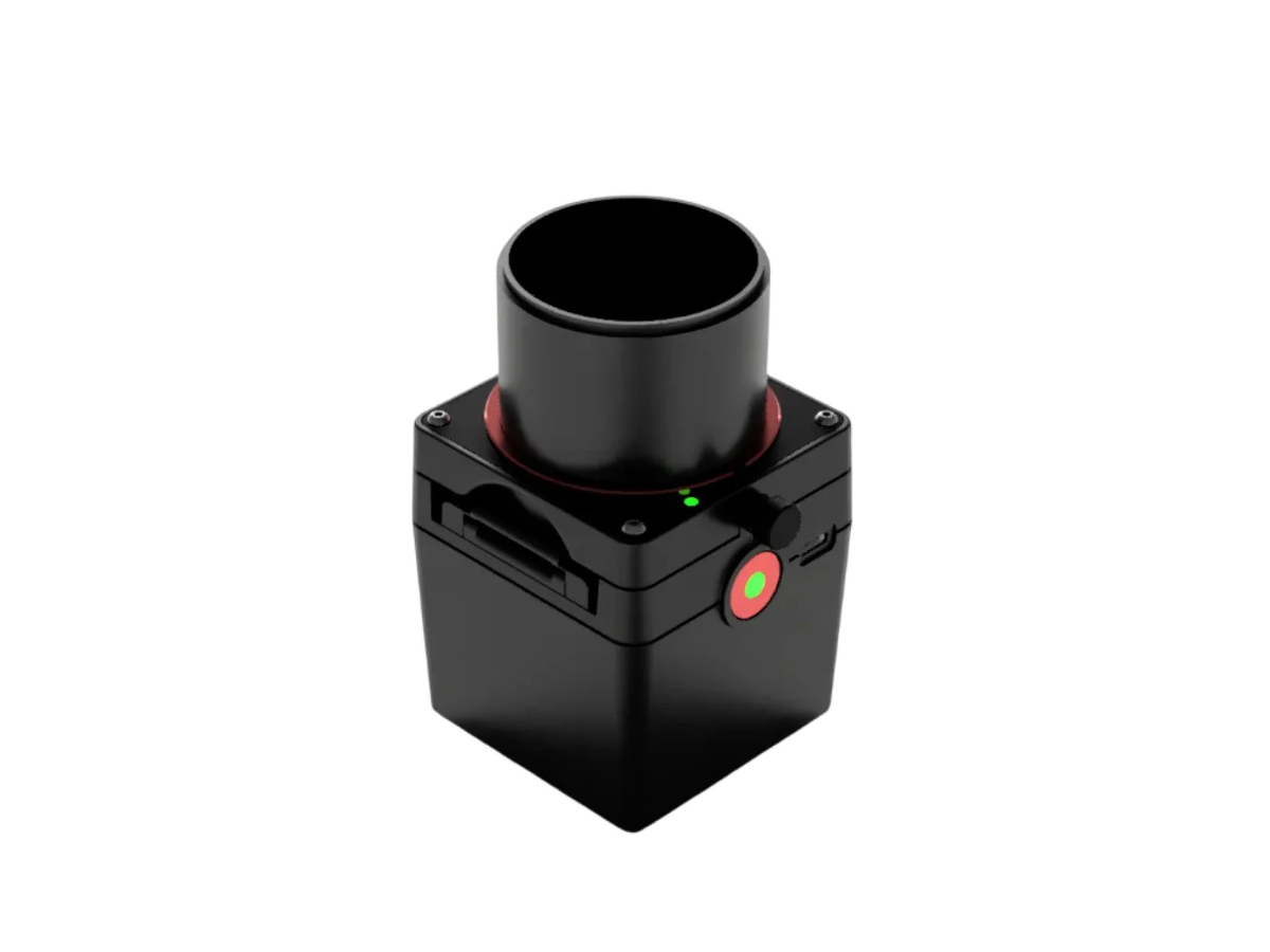 Black Valoi Easy35 v2 Film Scanner with a red button on a white background