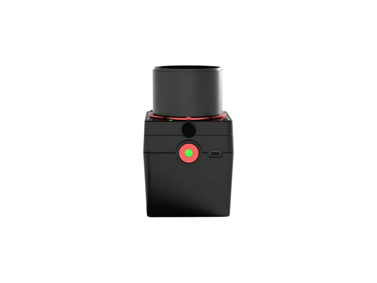 Black Valoi Easy35 v2 Film Scanner with a red button on a white background