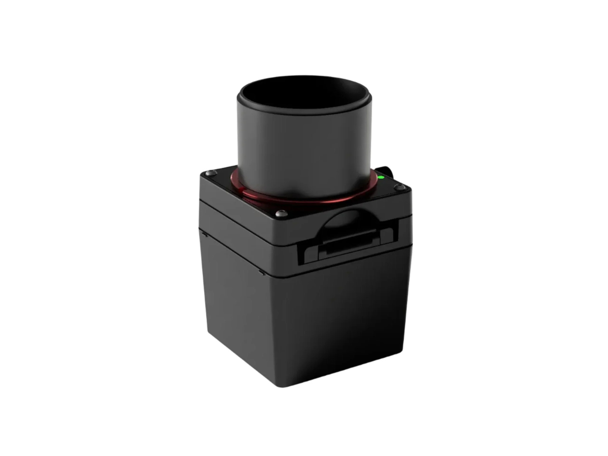 Black Valoi Easy35 v2 Film Scanner with a red button on a white background