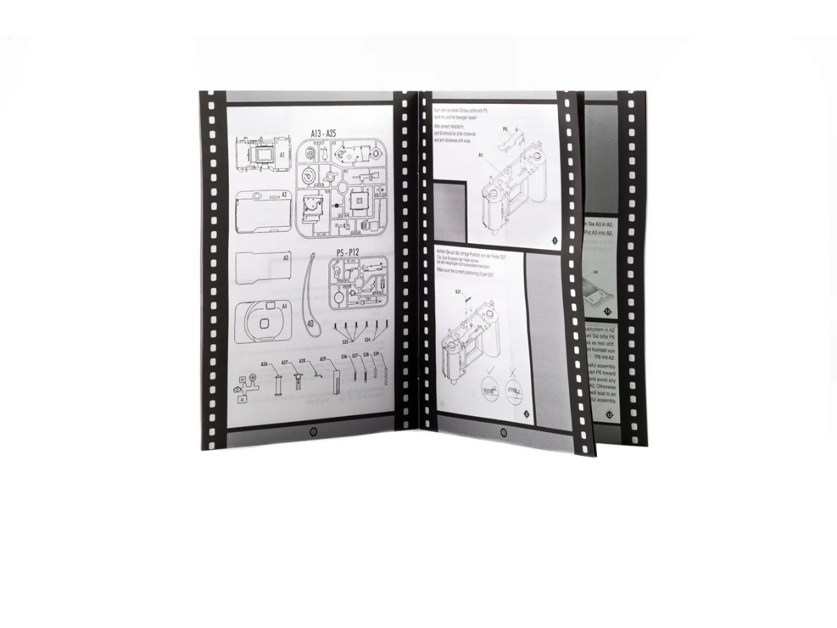 Foldable panel with technical drawings and diagrams on a white background