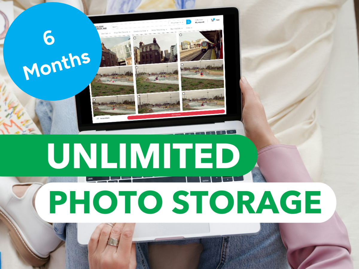 Person holding a laptop with a photo storage service on screen, promotional text for unlimited photo storage.