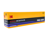 Kodak Ektacolor Pro 400 color negative film box, 5 roll pack, featuring a bright yellow-orange and black design with blue accents.