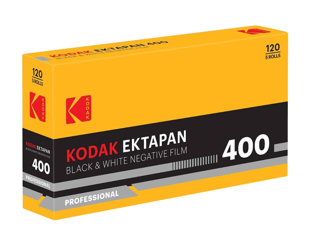 Kodak Ektapan 400 black and white negative film box on a white background